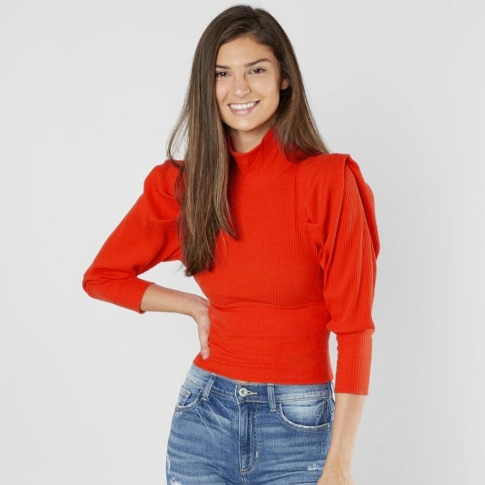 Free People Red Cowl Neck Sweater with Puff Sleeves